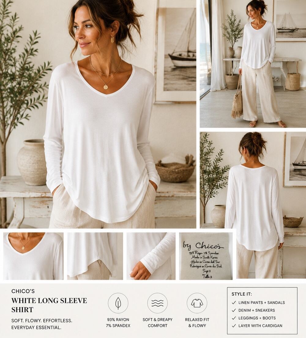 Chico's Basics White Long Sleeve Tee Size 2 Large Tall Round Neck Stretch Top